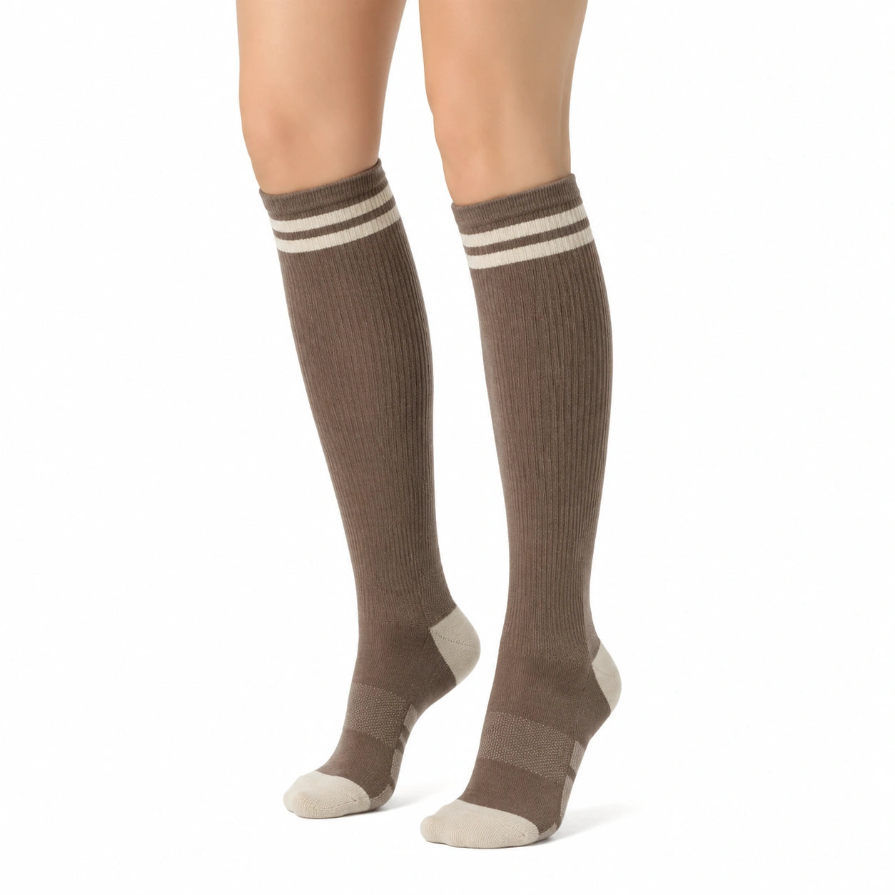 Chaussettes montantes 35-38 en maille textile marron et beige style côtelé sportif