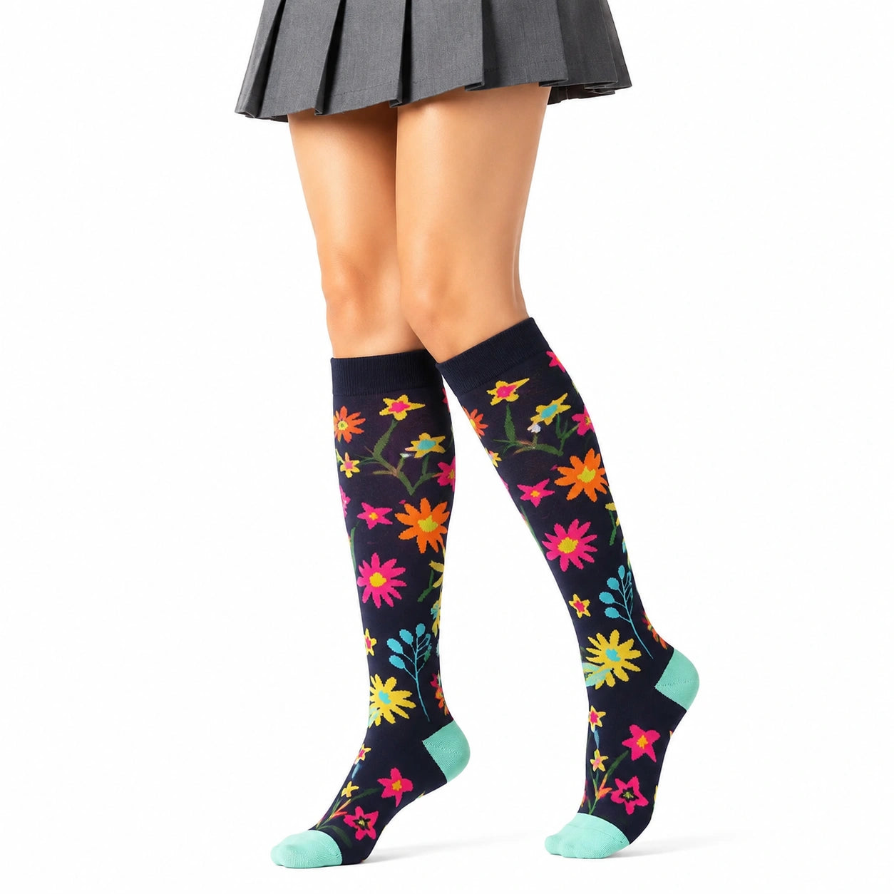 Chaussettes hautes 39-42 textile noir à motif floral coloré style fantaisie