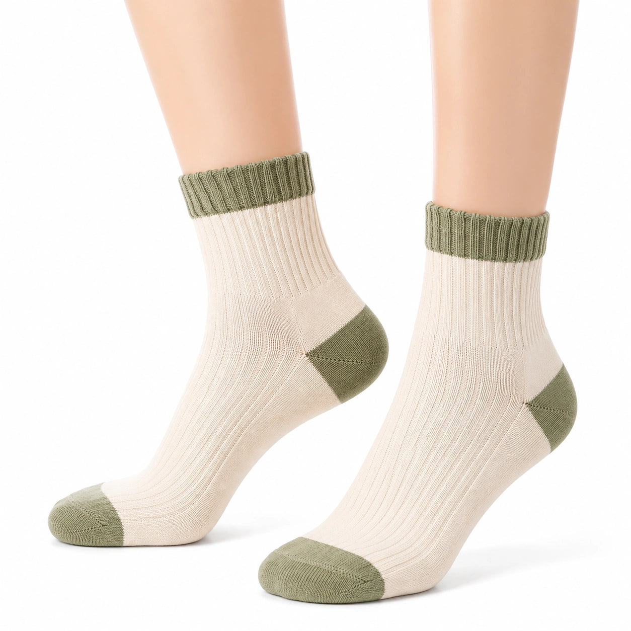 Chaussettes mi-mollet 35-38 en maille côtelée écru et vert kaki style décontracté
